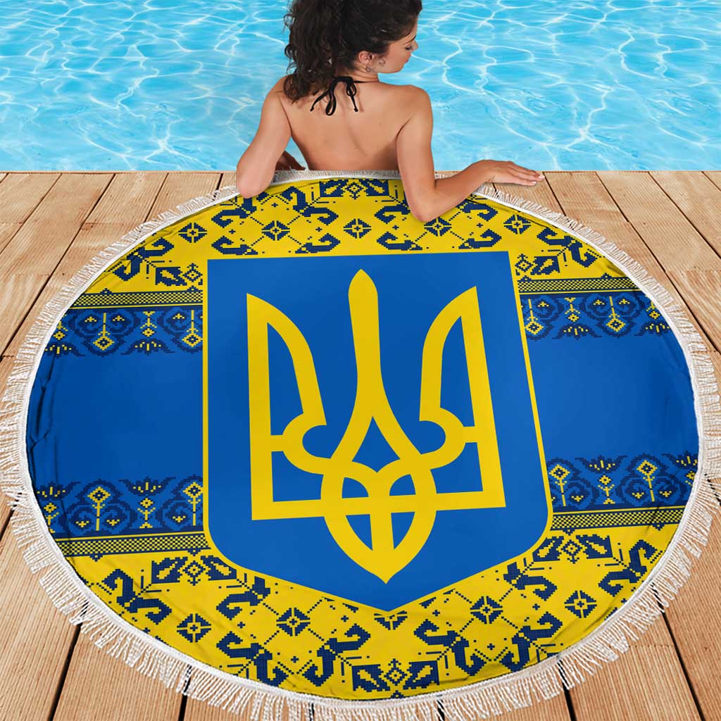 Ukraine Heritage Pride – Vyshyvanka Pattern Beach Blanket with National Symbol in Blue & Yellow