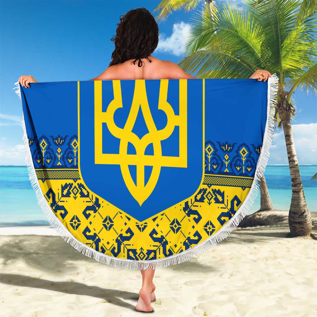 Ukraine Heritage Pride – Vyshyvanka Pattern Beach Blanket with National Symbol in Blue & Yellow