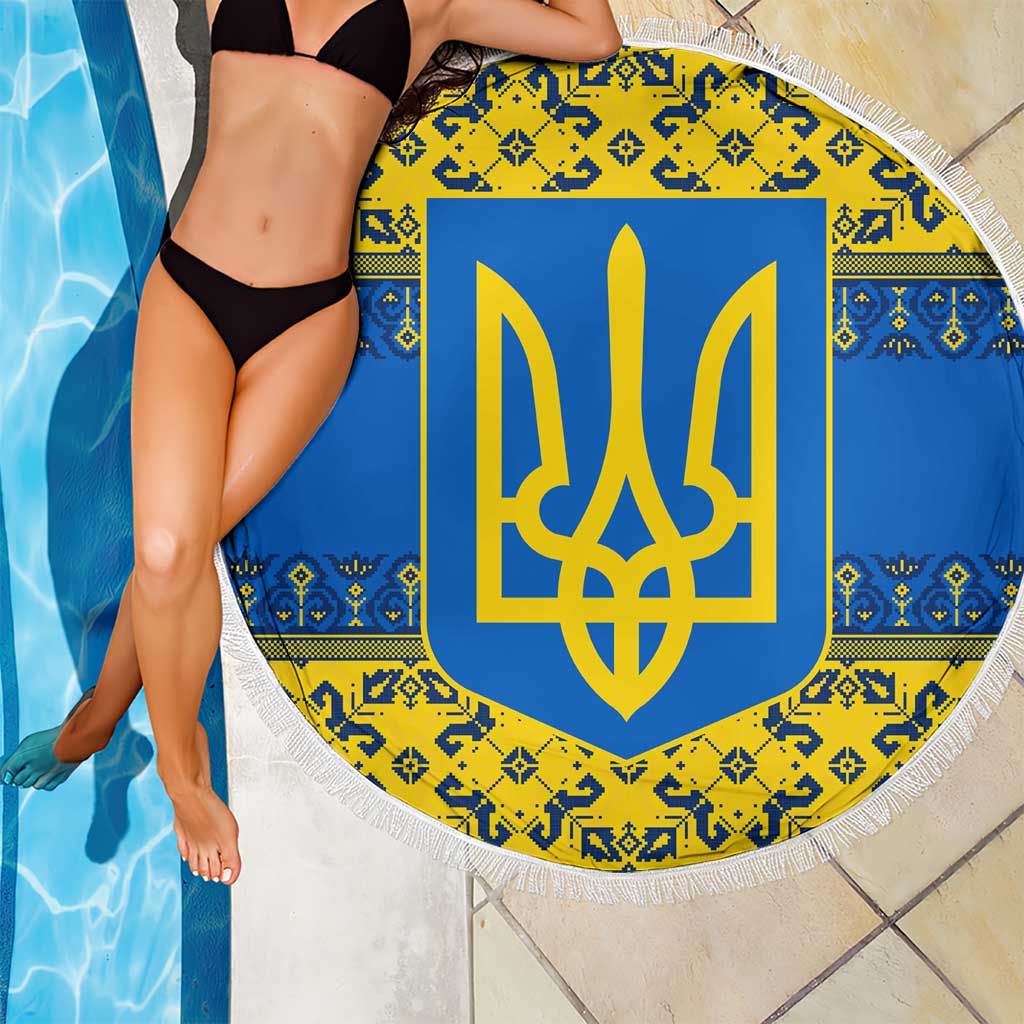 Ukraine Heritage Pride – Vyshyvanka Pattern Beach Blanket with National Symbol in Blue & Yellow