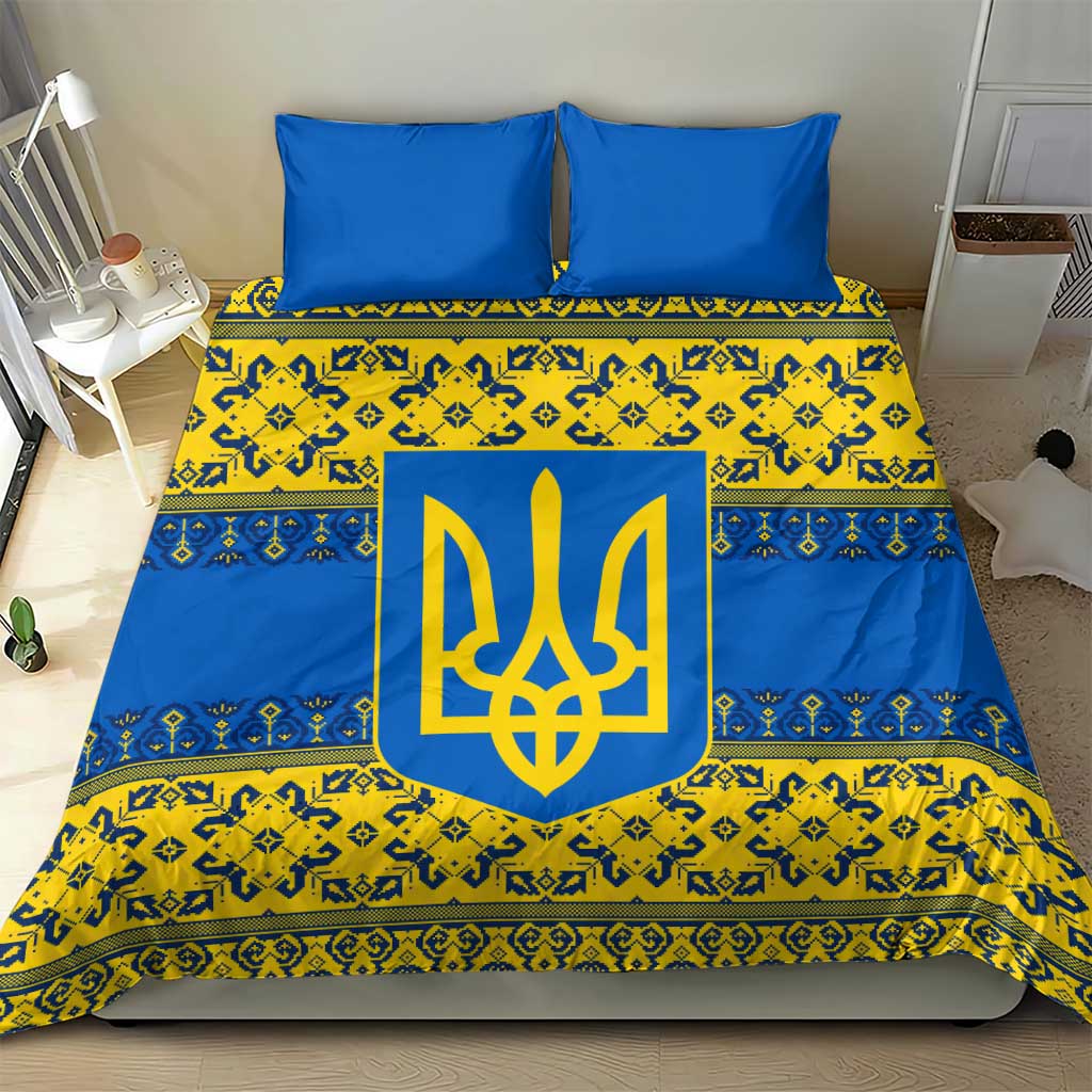 Ukraine Heritage Pride – Vyshyvanka Pattern Bedding Set with National Symbol in Blue & Yellow