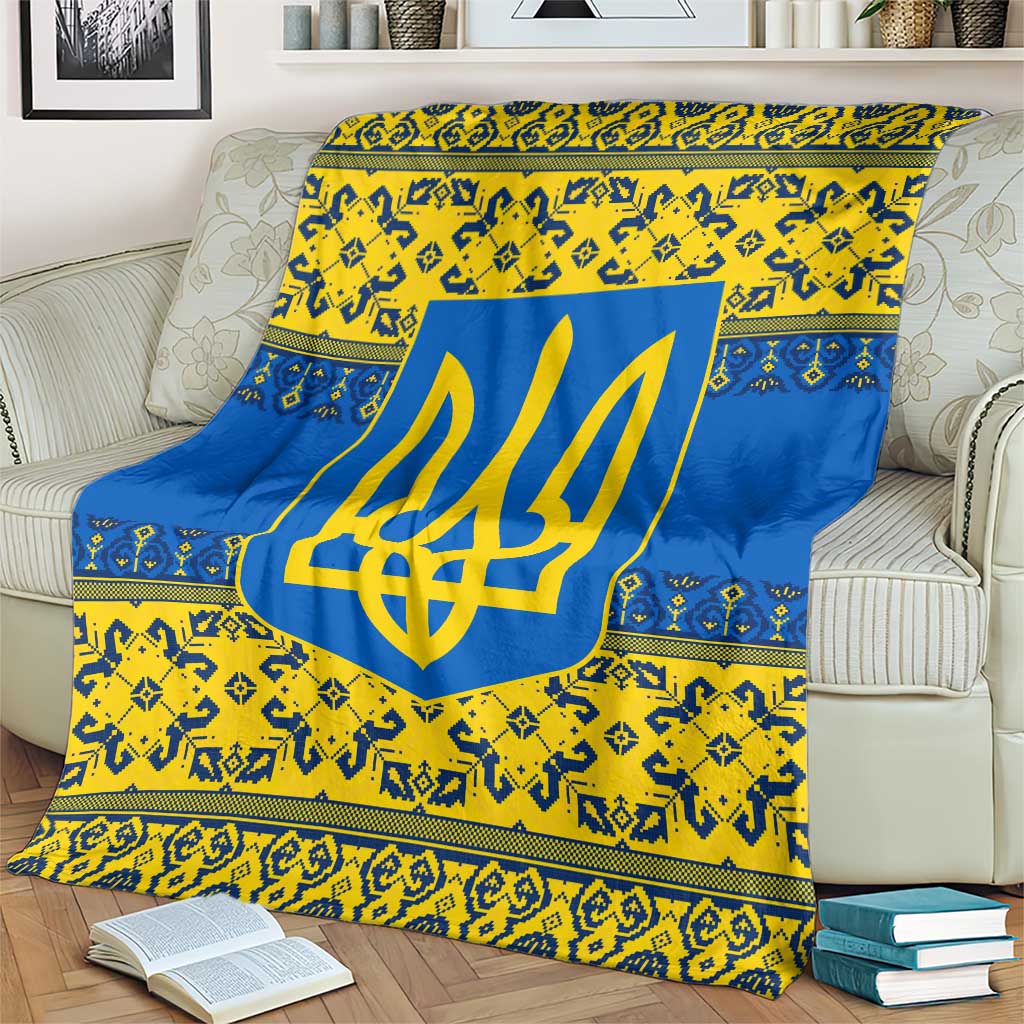 Ukraine Heritage Pride – Vyshyvanka Pattern Blanket with National Symbol in Blue & Yellow