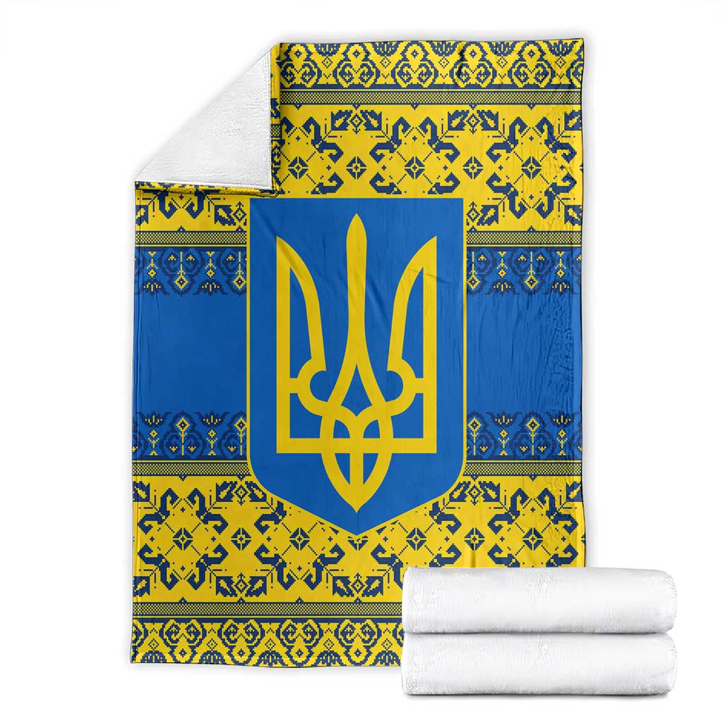 Ukraine Heritage Pride – Vyshyvanka Pattern Blanket with National Symbol in Blue & Yellow