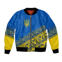 Ukraine Heritage Pride – Vyshyvanka Pattern Bomber Jacket with National Symbol in Blue & Yellow