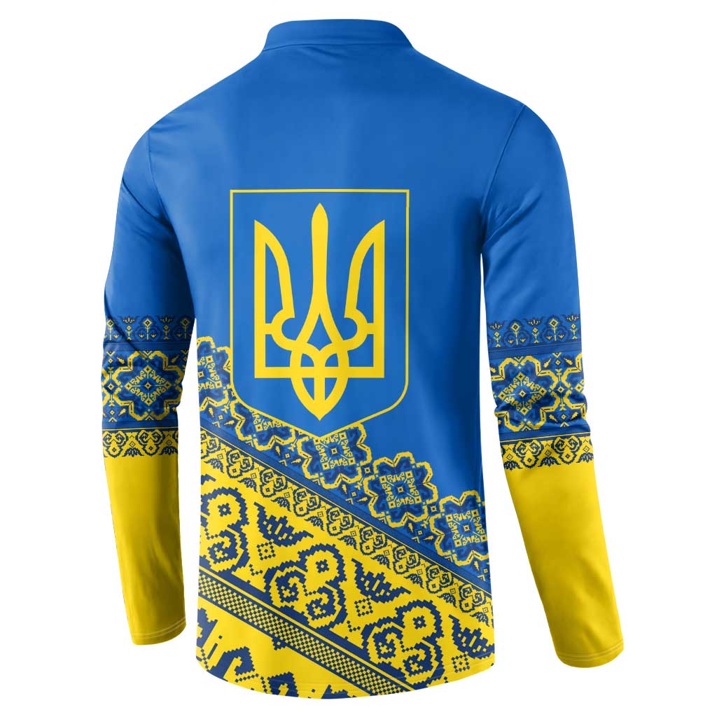Ukraine Heritage Pride – Vyshyvanka Pattern Button Sweatshirt with National Symbol in Blue & Yellow