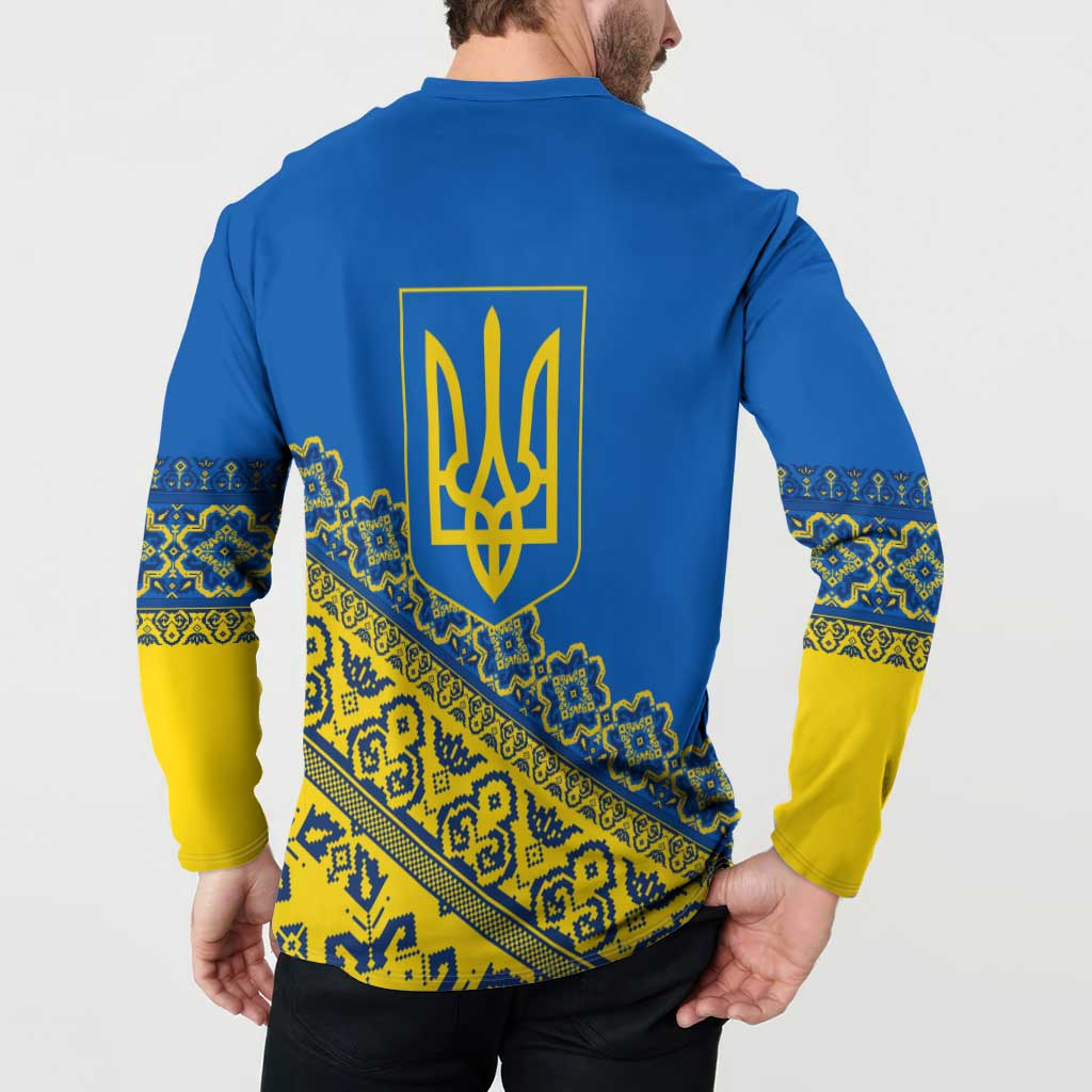 Ukraine Heritage Pride – Vyshyvanka Pattern Button Sweatshirt with National Symbol in Blue & Yellow