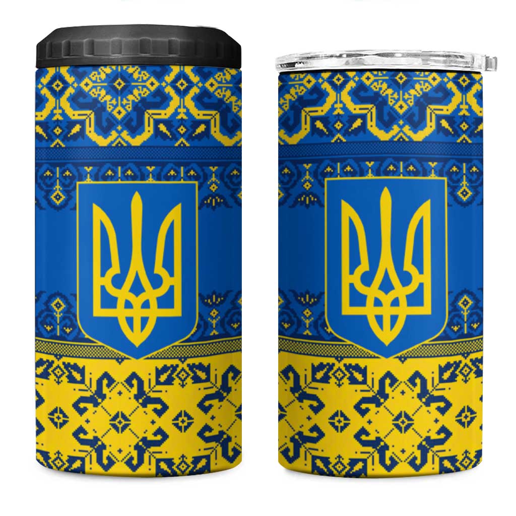 Ukraine Heritage Pride – Vyshyvanka Pattern 4 in 1 Can Cooler Tumbler with National Symbol in Blue & Yellow
