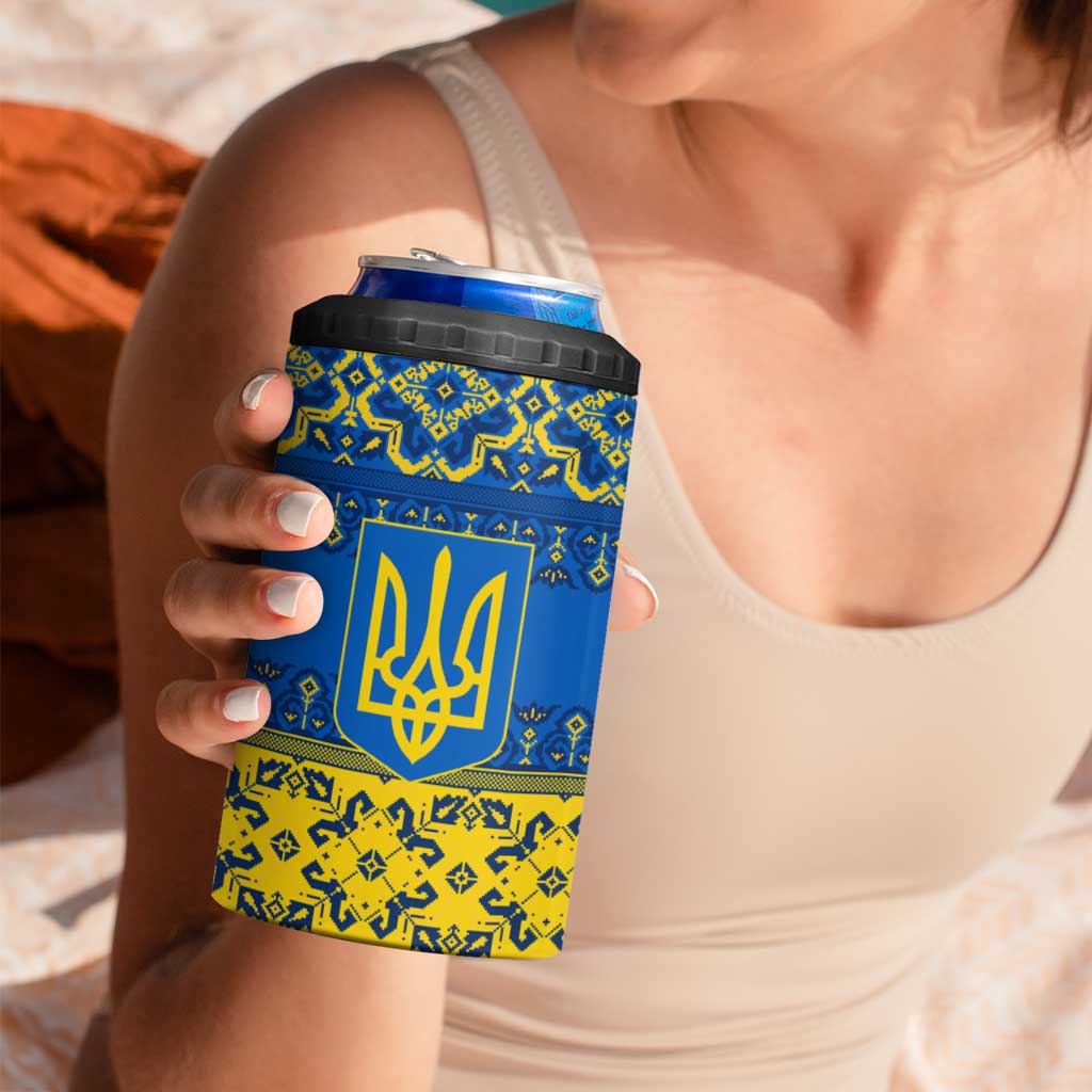 Ukraine Heritage Pride – Vyshyvanka Pattern 4 in 1 Can Cooler Tumbler with National Symbol in Blue & Yellow