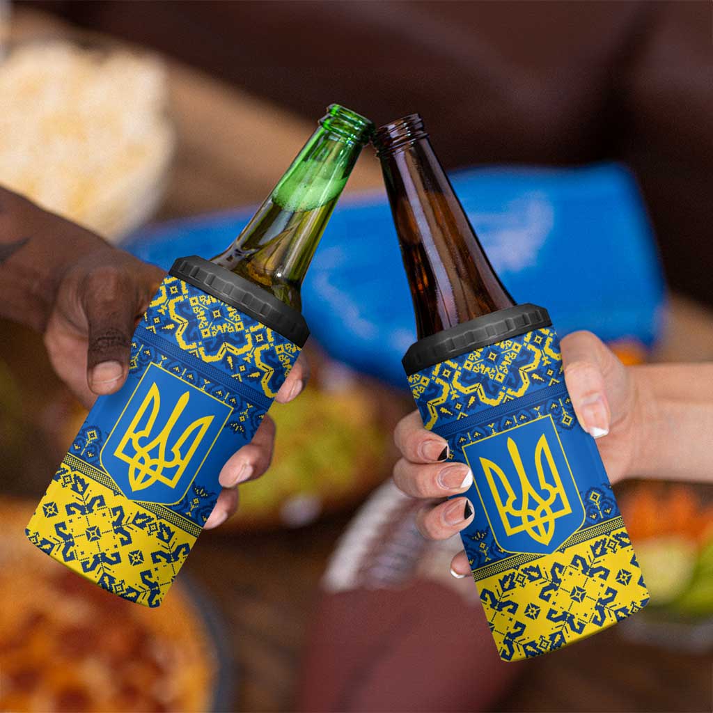 Ukraine Heritage Pride – Vyshyvanka Pattern 4 in 1 Can Cooler Tumbler with National Symbol in Blue & Yellow