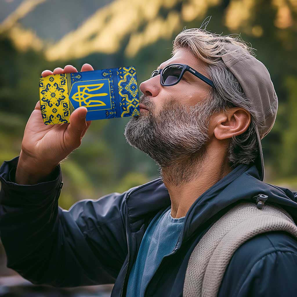 Ukraine Heritage Pride – Vyshyvanka Pattern 4 in 1 Can Cooler Tumbler with National Symbol in Blue & Yellow