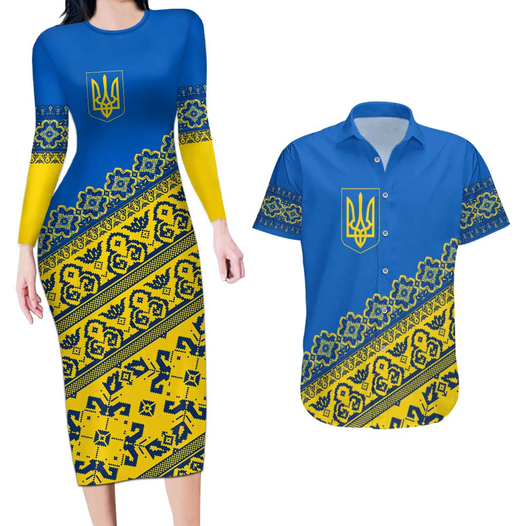 Ukraine Heritage Pride – Vyshyvanka Pattern Couples Matching Long Sleeve Bodycon Dress and Hawaiian Shirt with National Symbol in Blue & Yellow