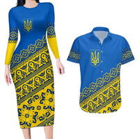 Ukraine Heritage Pride – Vyshyvanka Pattern Couples Matching Long Sleeve Bodycon Dress and Hawaiian Shirt with National Symbol in Blue & Yellow