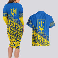 Ukraine Heritage Pride – Vyshyvanka Pattern Couples Matching Long Sleeve Bodycon Dress and Hawaiian Shirt with National Symbol in Blue & Yellow