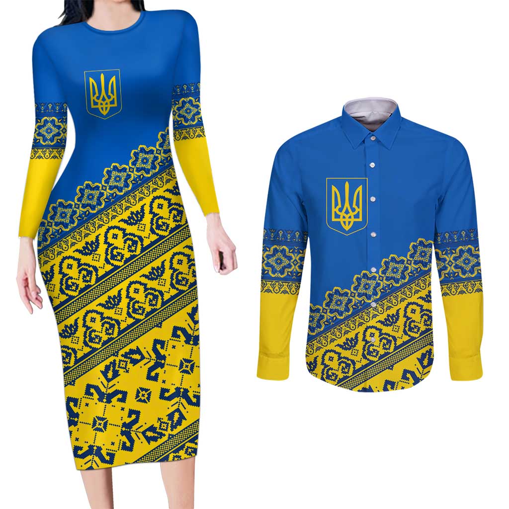 Ukraine Heritage Pride – Vyshyvanka Pattern Couples Matching Long Sleeve Bodycon Dress and Long Sleeve Button Shirt with National Symbol in Blue & Yellow