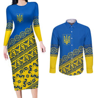 Ukraine Heritage Pride – Vyshyvanka Pattern Couples Matching Long Sleeve Bodycon Dress and Long Sleeve Button Shirt with National Symbol in Blue & Yellow