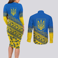 Ukraine Heritage Pride – Vyshyvanka Pattern Couples Matching Long Sleeve Bodycon Dress and Long Sleeve Button Shirt with National Symbol in Blue & Yellow