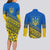 Ukraine Heritage Pride – Vyshyvanka Pattern Couples Matching Long Sleeve Bodycon Dress and Long Sleeve Button Shirt with National Symbol in Blue & Yellow