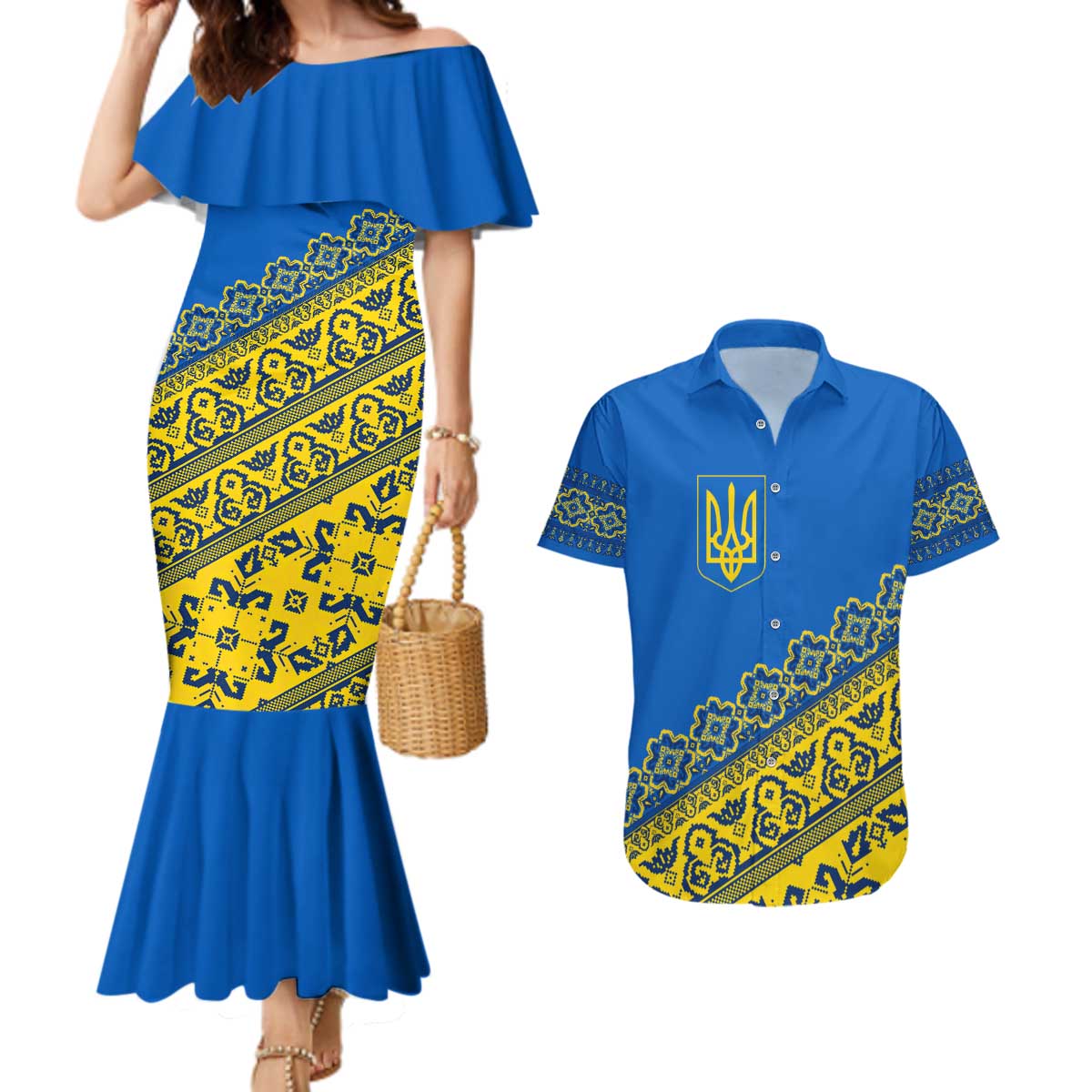 Ukraine Heritage Pride – Vyshyvanka Pattern Couples Matching Mermaid Dress and Hawaiian Shirt with National Symbol in Blue & Yellow