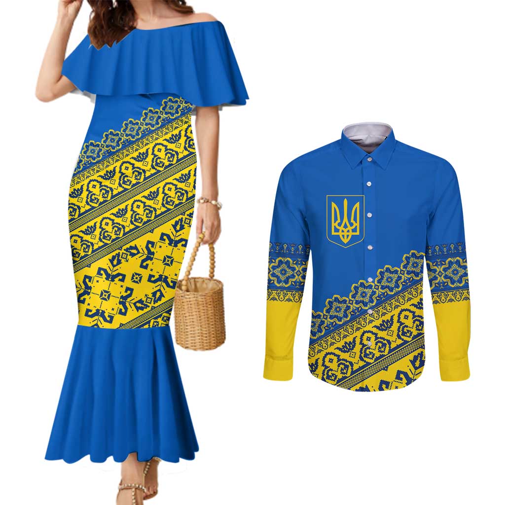 Ukraine Heritage Pride – Vyshyvanka Pattern Couples Matching Mermaid Dress and Long Sleeve Button Shirt with National Symbol in Blue & Yellow