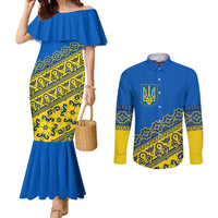Ukraine Heritage Pride – Vyshyvanka Pattern Couples Matching Mermaid Dress and Long Sleeve Button Shirt with National Symbol in Blue & Yellow