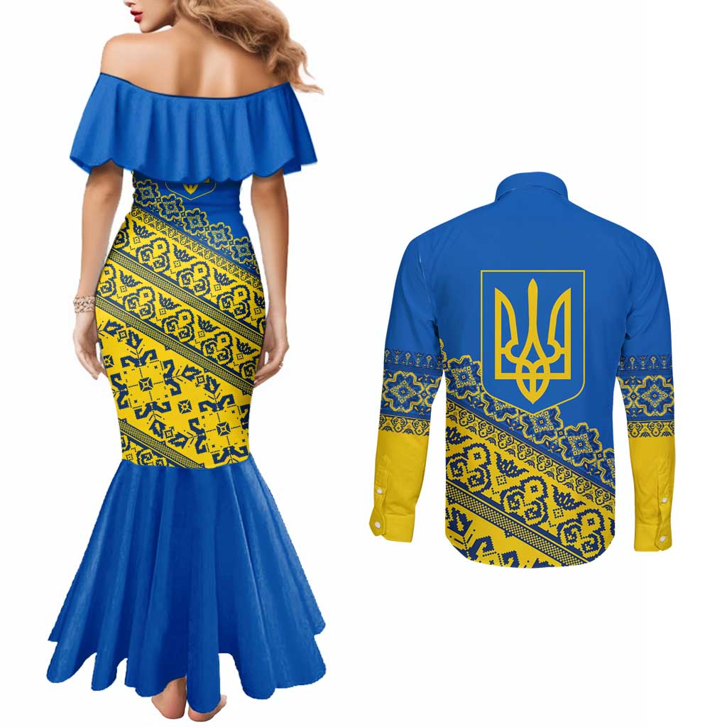 Ukraine Heritage Pride – Vyshyvanka Pattern Couples Matching Mermaid Dress and Long Sleeve Button Shirt with National Symbol in Blue & Yellow