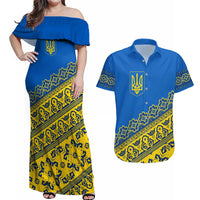 Ukraine Heritage Pride – Vyshyvanka Pattern Couples Matching Off Shoulder Maxi Dress and Hawaiian Shirt with National Symbol in Blue & Yellow