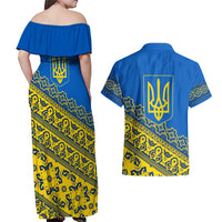 Ukraine Heritage Pride – Vyshyvanka Pattern Couples Matching Off Shoulder Maxi Dress and Hawaiian Shirt with National Symbol in Blue & Yellow