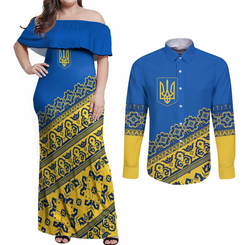 Ukraine Heritage Pride – Vyshyvanka Pattern Couples Matching Off Shoulder Maxi Dress and Long Sleeve Button Shirt with National Symbol in Blue & Yellow