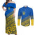 Ukraine Heritage Pride – Vyshyvanka Pattern Couples Matching Off Shoulder Maxi Dress and Long Sleeve Button Shirt with National Symbol in Blue & Yellow