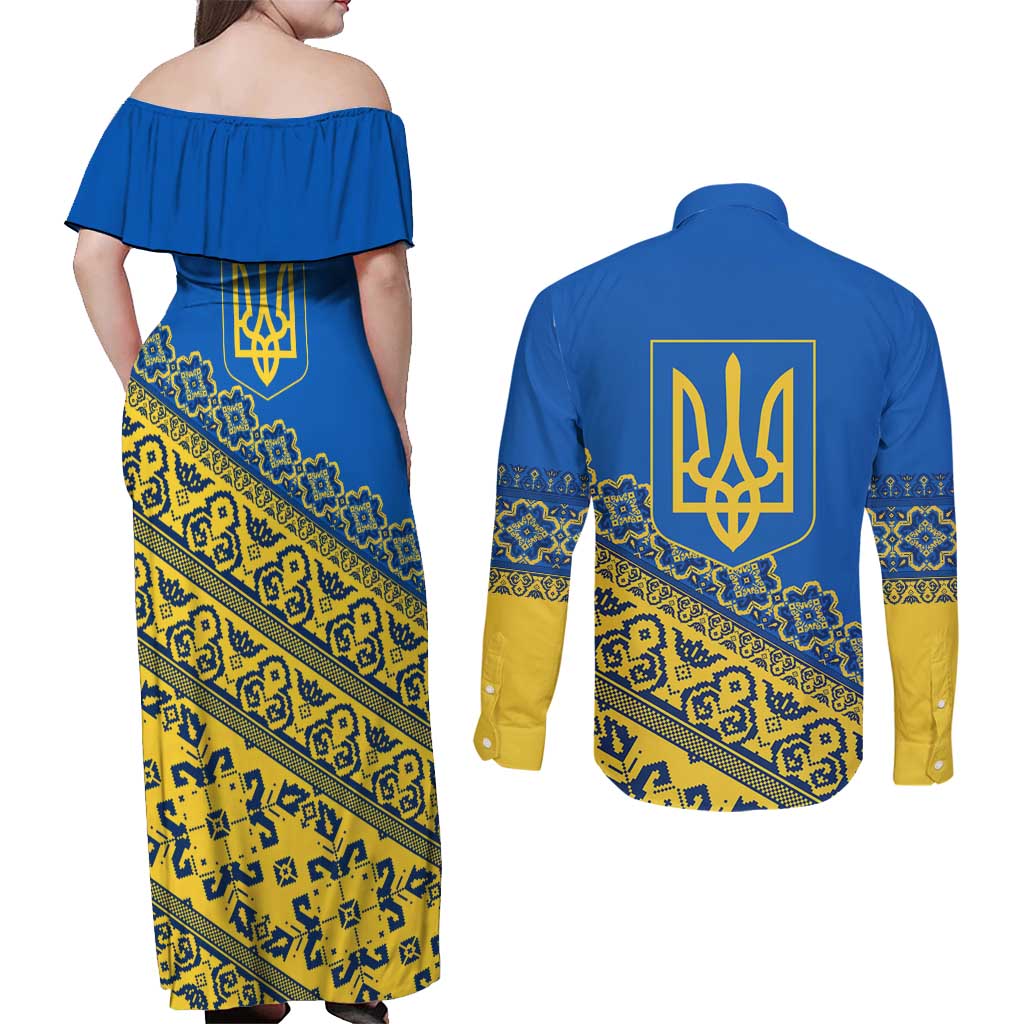Ukraine Heritage Pride – Vyshyvanka Pattern Couples Matching Off Shoulder Maxi Dress and Long Sleeve Button Shirt with National Symbol in Blue & Yellow