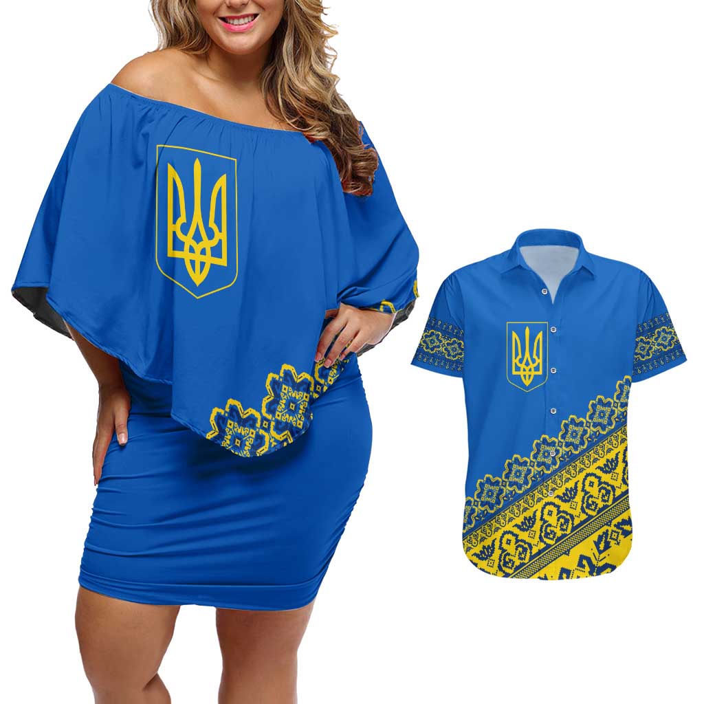 Ukraine Heritage Pride – Vyshyvanka Pattern Couples Matching Off Shoulder Short Dress and Hawaiian Shirt with National Symbol in Blue & Yellow