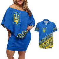 Ukraine Heritage Pride – Vyshyvanka Pattern Couples Matching Off Shoulder Short Dress and Hawaiian Shirt with National Symbol in Blue & Yellow