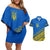 Ukraine Heritage Pride – Vyshyvanka Pattern Couples Matching Off Shoulder Short Dress and Hawaiian Shirt with National Symbol in Blue & Yellow