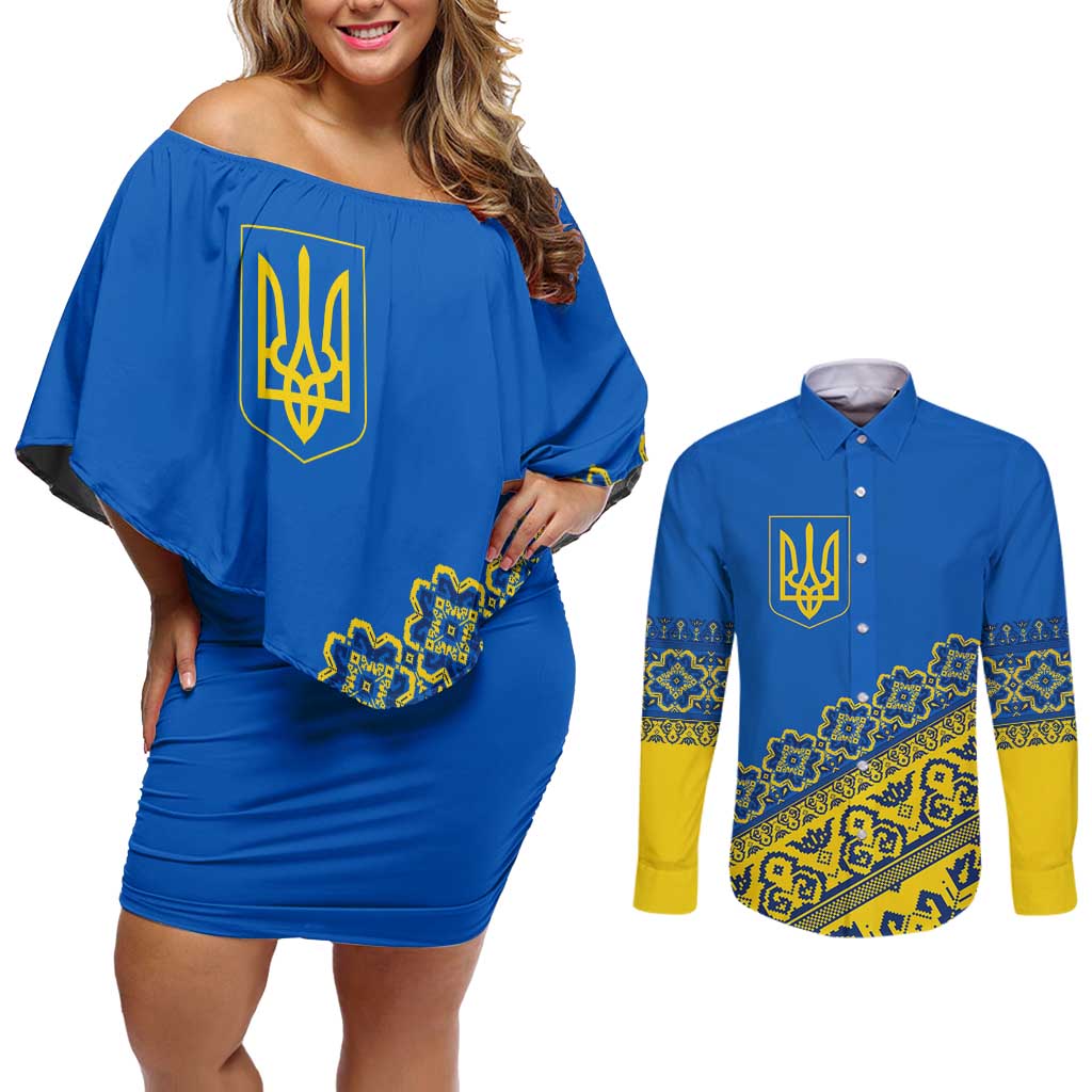 Ukraine Heritage Pride – Vyshyvanka Pattern Couples Matching Off Shoulder Short Dress and Long Sleeve Button Shirt with National Symbol in Blue & Yellow