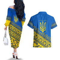 Ukraine Heritage Pride – Vyshyvanka Pattern Couples Matching Off The Shoulder Long Sleeve Dress and Hawaiian Shirt with National Symbol in Blue & Yellow
