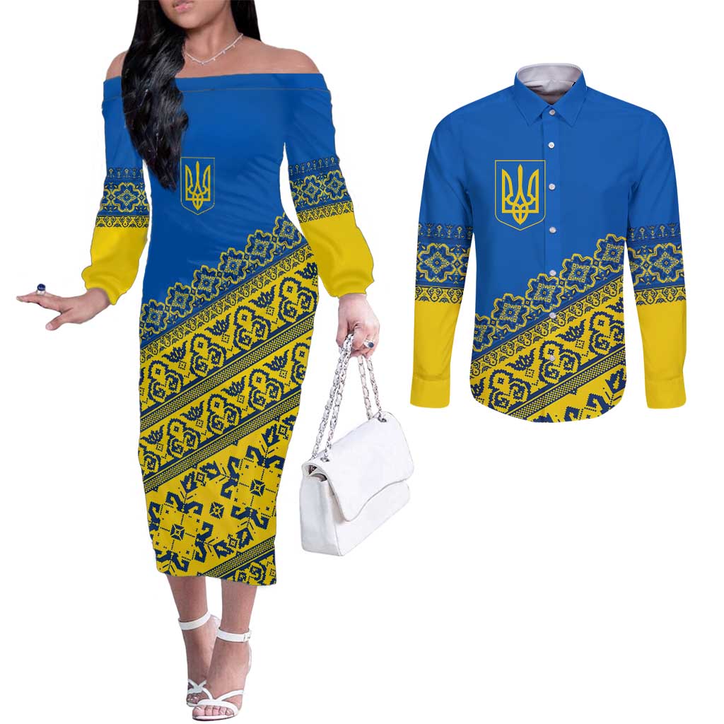 Ukraine Heritage Pride – Vyshyvanka Pattern Couples Matching Off The Shoulder Long Sleeve Dress and Long Sleeve Button Shirt with National Symbol in Blue & Yellow