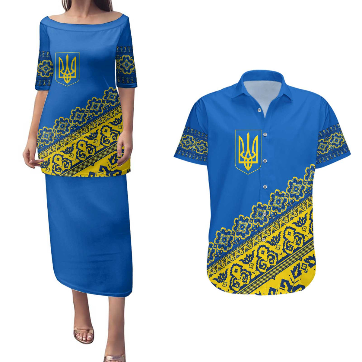 Ukraine Heritage Pride – Vyshyvanka Pattern Couples Matching Puletasi and Hawaiian Shirt with National Symbol in Blue & Yellow
