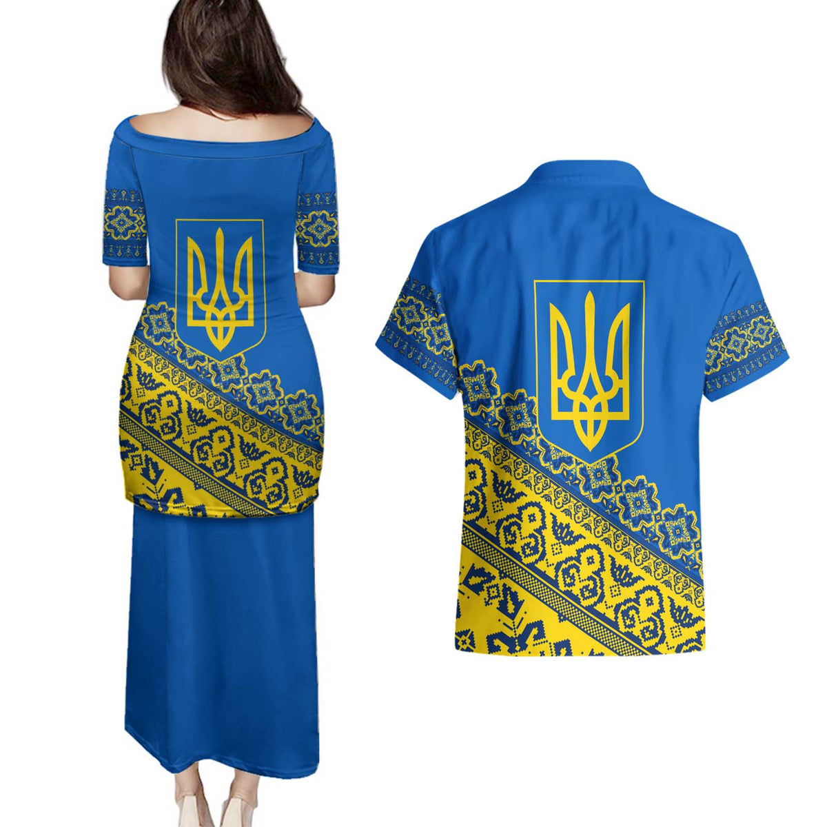 Ukraine Heritage Pride – Vyshyvanka Pattern Couples Matching Puletasi and Hawaiian Shirt with National Symbol in Blue & Yellow