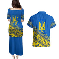 Ukraine Heritage Pride – Vyshyvanka Pattern Couples Matching Puletasi and Hawaiian Shirt with National Symbol in Blue & Yellow