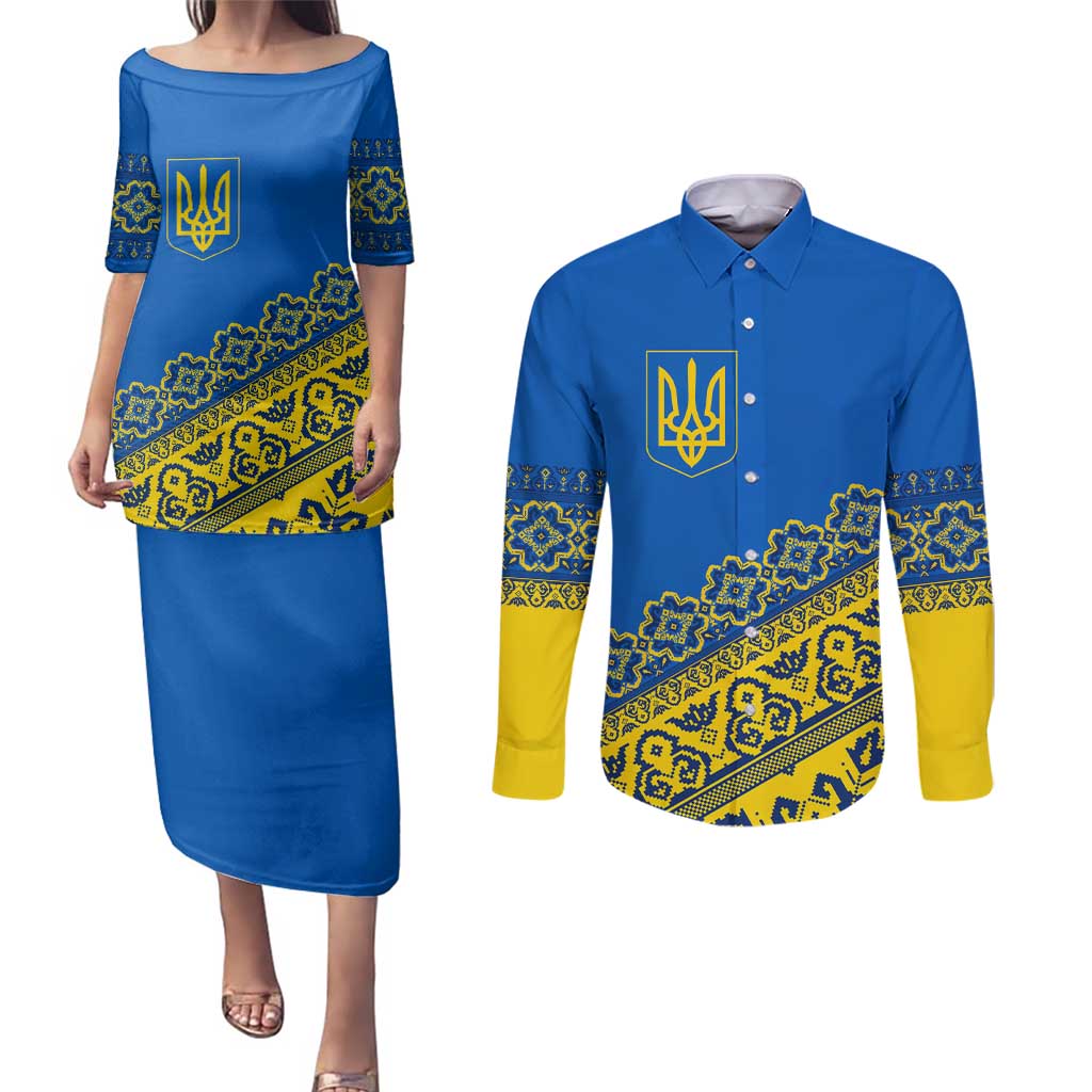 Ukraine Heritage Pride – Vyshyvanka Pattern Couples Matching Puletasi and Long Sleeve Button Shirt with National Symbol in Blue & Yellow