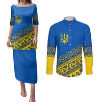Ukraine Heritage Pride – Vyshyvanka Pattern Couples Matching Puletasi and Long Sleeve Button Shirt with National Symbol in Blue & Yellow