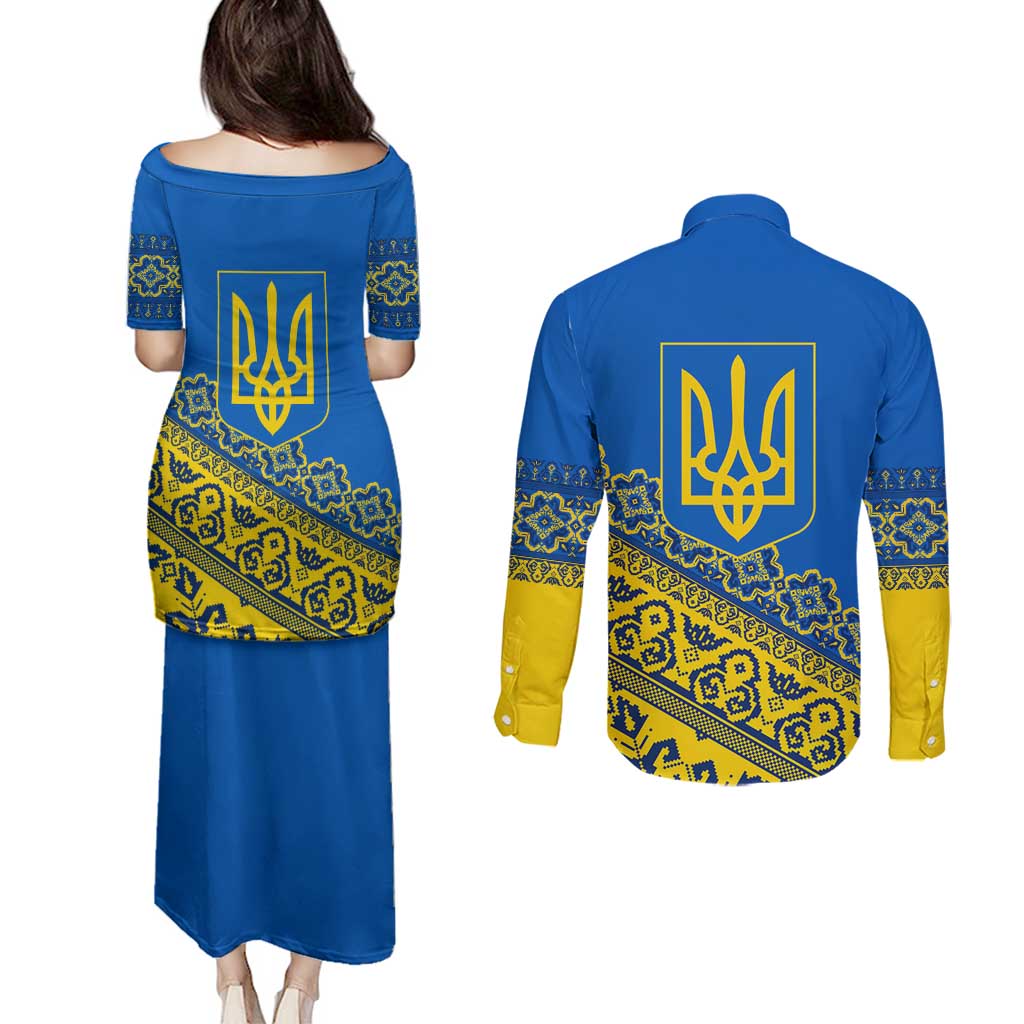 Ukraine Heritage Pride – Vyshyvanka Pattern Couples Matching Puletasi and Long Sleeve Button Shirt with National Symbol in Blue & Yellow