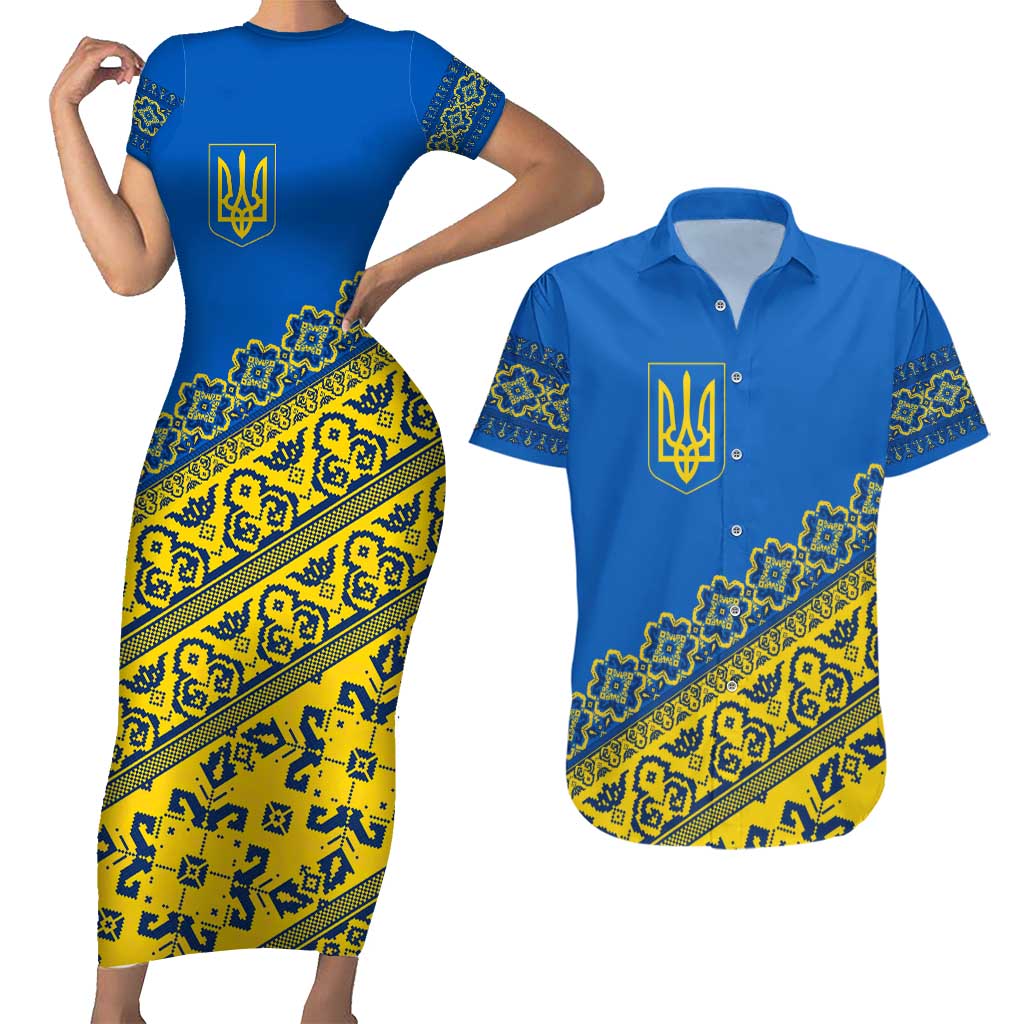 Ukraine Heritage Pride – Vyshyvanka Pattern Couples Matching Short Sleeve Bodycon Dress and Hawaiian Shirt with National Symbol in Blue & Yellow
