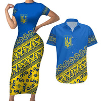 Ukraine Heritage Pride – Vyshyvanka Pattern Couples Matching Short Sleeve Bodycon Dress and Hawaiian Shirt with National Symbol in Blue & Yellow