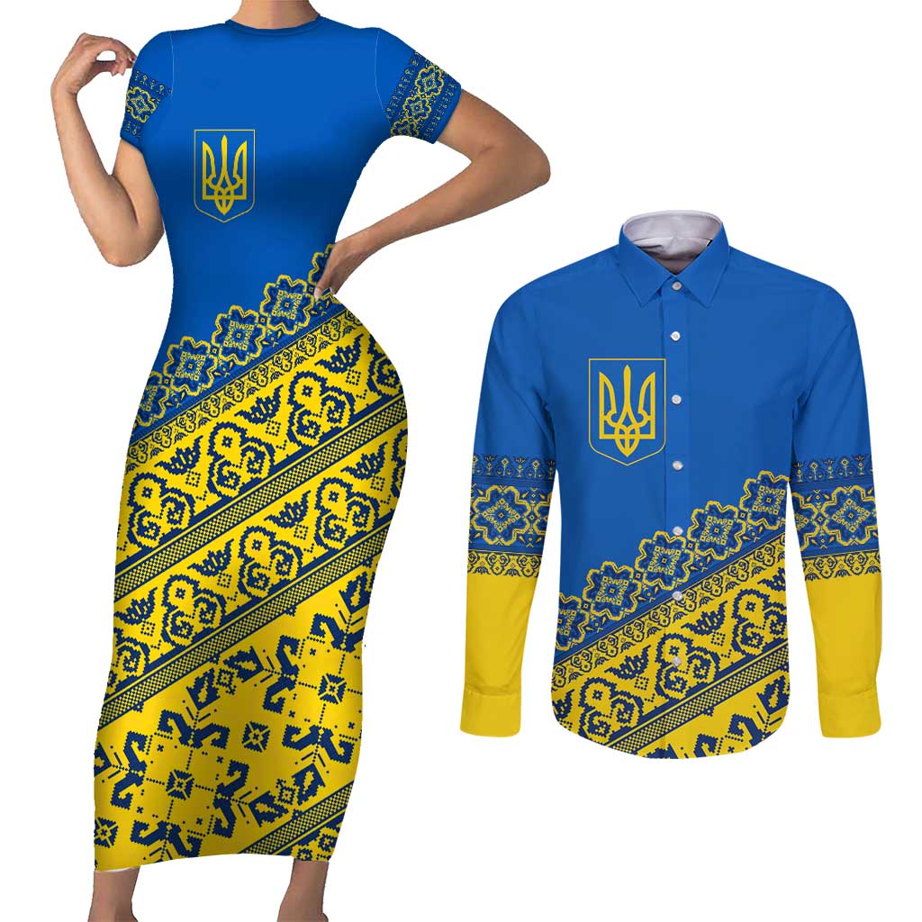 Ukraine Heritage Pride – Vyshyvanka Pattern Couples Matching Short Sleeve Bodycon Dress and Long Sleeve Button Shirt with National Symbol in Blue & Yellow