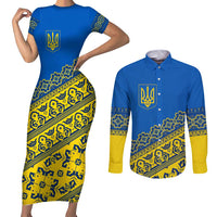 Ukraine Heritage Pride – Vyshyvanka Pattern Couples Matching Short Sleeve Bodycon Dress and Long Sleeve Button Shirt with National Symbol in Blue & Yellow