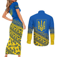 Ukraine Heritage Pride – Vyshyvanka Pattern Couples Matching Short Sleeve Bodycon Dress and Long Sleeve Button Shirt with National Symbol in Blue & Yellow