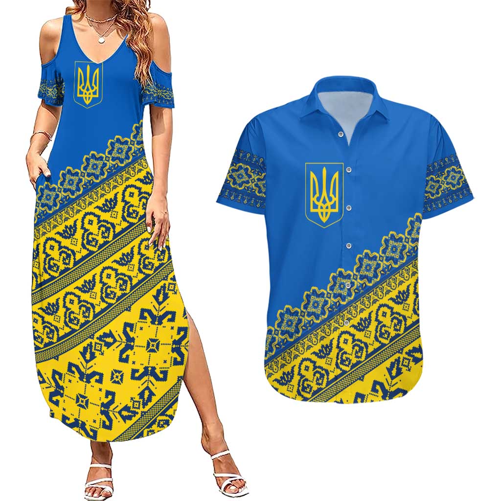 Ukraine Heritage Pride – Vyshyvanka Pattern Couples Matching Summer Maxi Dress and Hawaiian Shirt with National Symbol in Blue & Yellow