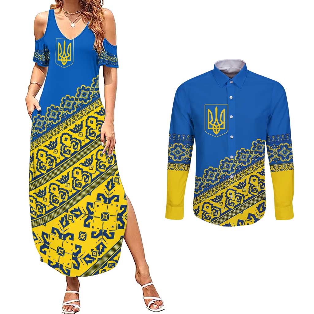 Ukraine Heritage Pride – Vyshyvanka Pattern Couples Matching Summer Maxi Dress and Long Sleeve Button Shirt with National Symbol in Blue & Yellow