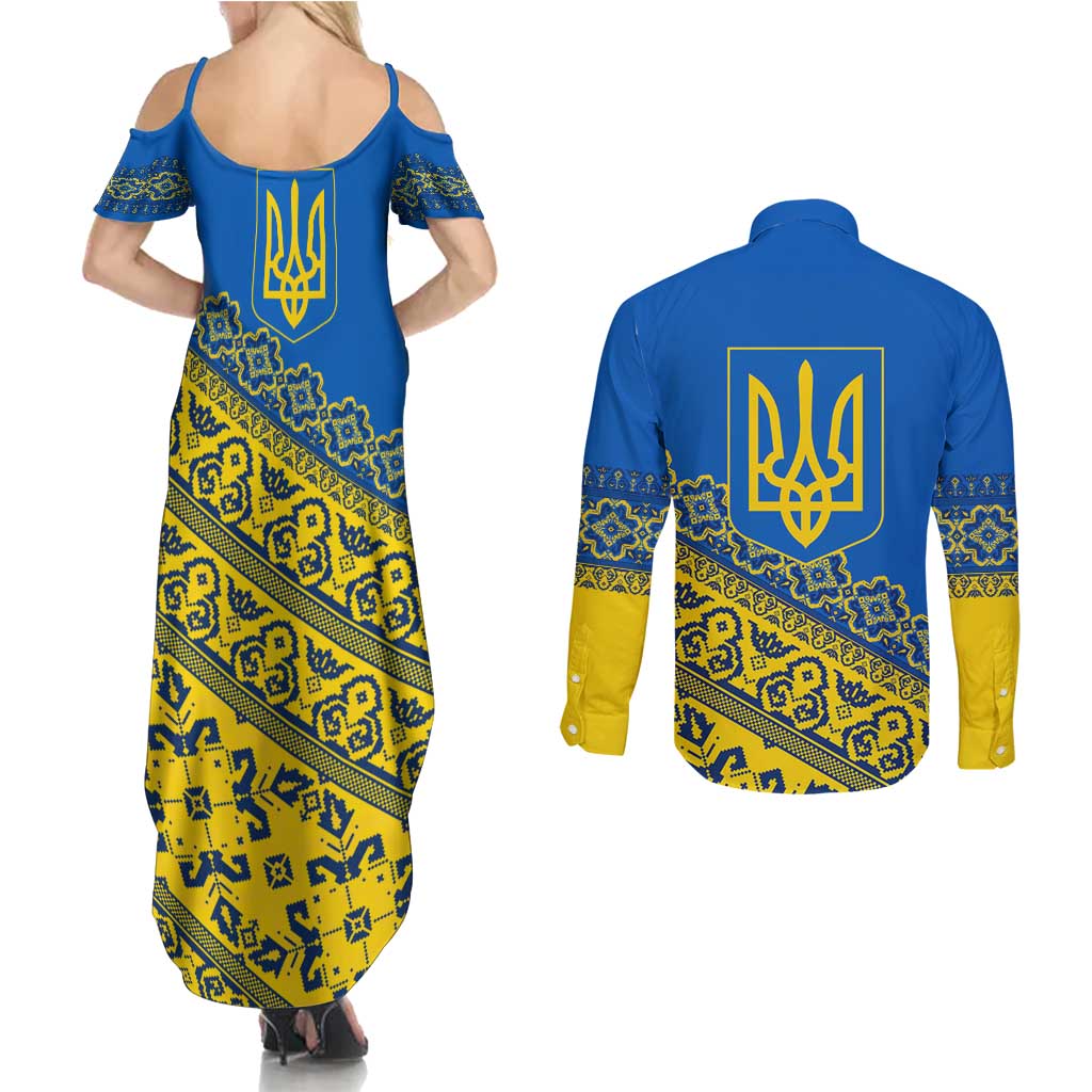 Ukraine Heritage Pride – Vyshyvanka Pattern Couples Matching Summer Maxi Dress and Long Sleeve Button Shirt with National Symbol in Blue & Yellow