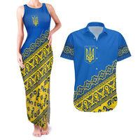 Ukraine Heritage Pride – Vyshyvanka Pattern Couples Matching Tank Maxi Dress and Hawaiian Shirt with National Symbol in Blue & Yellow